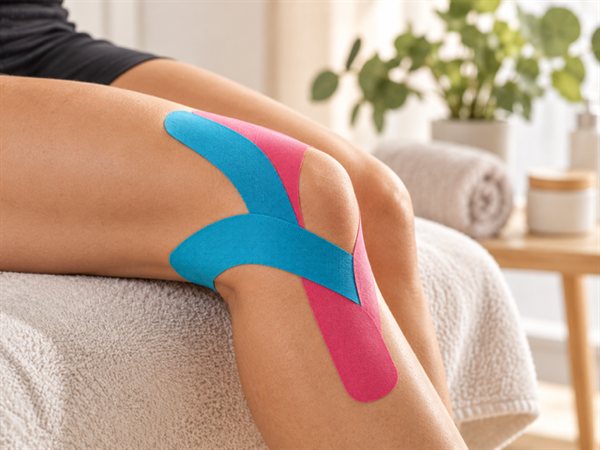 Farbiges Kinesiologie-Tape am Knie – Symbolbild für Medi-Taping
